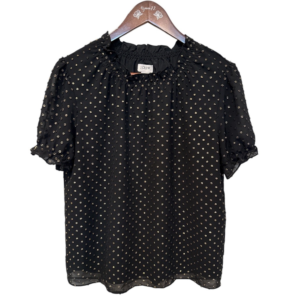 J.Crew Black Gold Metallic Polka Dot Ruffle‎ Neck Puff Sleeve Blouse Sz S
